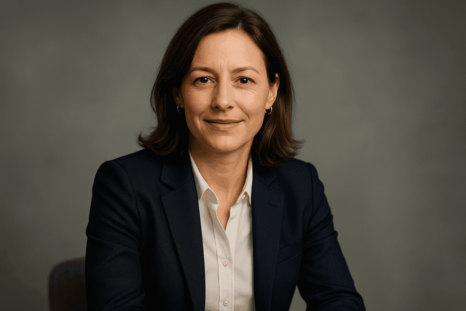 Mid-career professional in navy blazer and white shirt seated in a modern studio for a corporate headshot. Subject smiles gently, exuding confidence and approachability against a soft gray background with flattering, natural light and visible fine details.