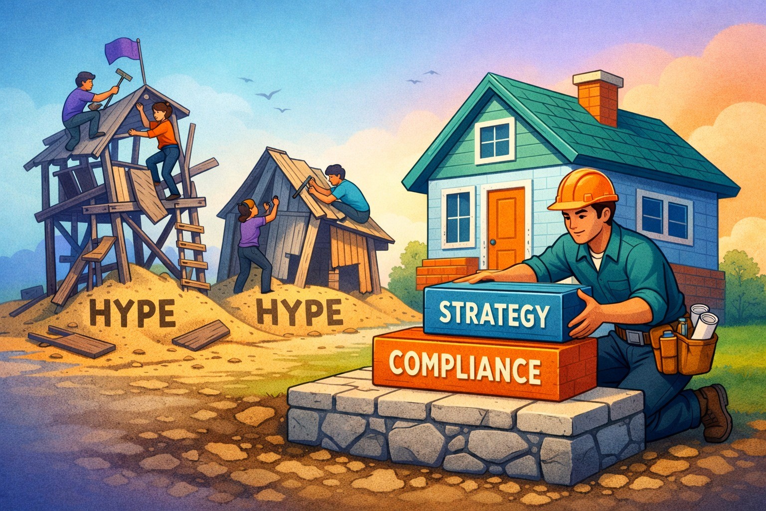 Editorial-style illustration in a clean, semi-flat, colorful design. On the left, several people build unstable wooden houses on sandy hills labeled ‘Hype’. On the right, a single builder constructs a solid house on a stone foundation made of blocks labeled ‘Strategy’ and ‘Compliance’, symbolizing sustainable product building over short-term hype