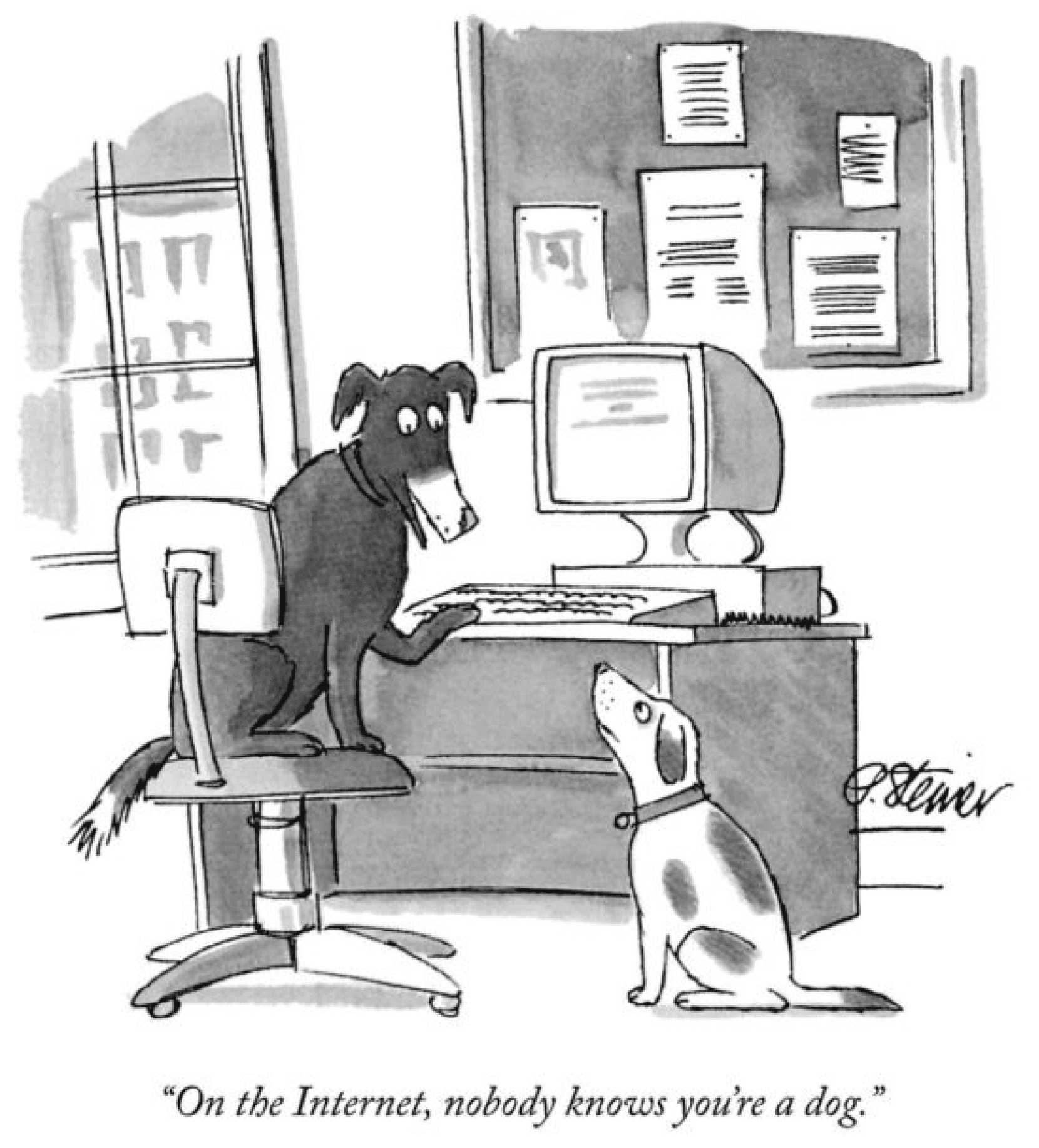 The New Yorker cartoon from 1993. The cartoon shows two dogs behind a computer, and below it says, "On the internet, nobody knows you're a dog." 