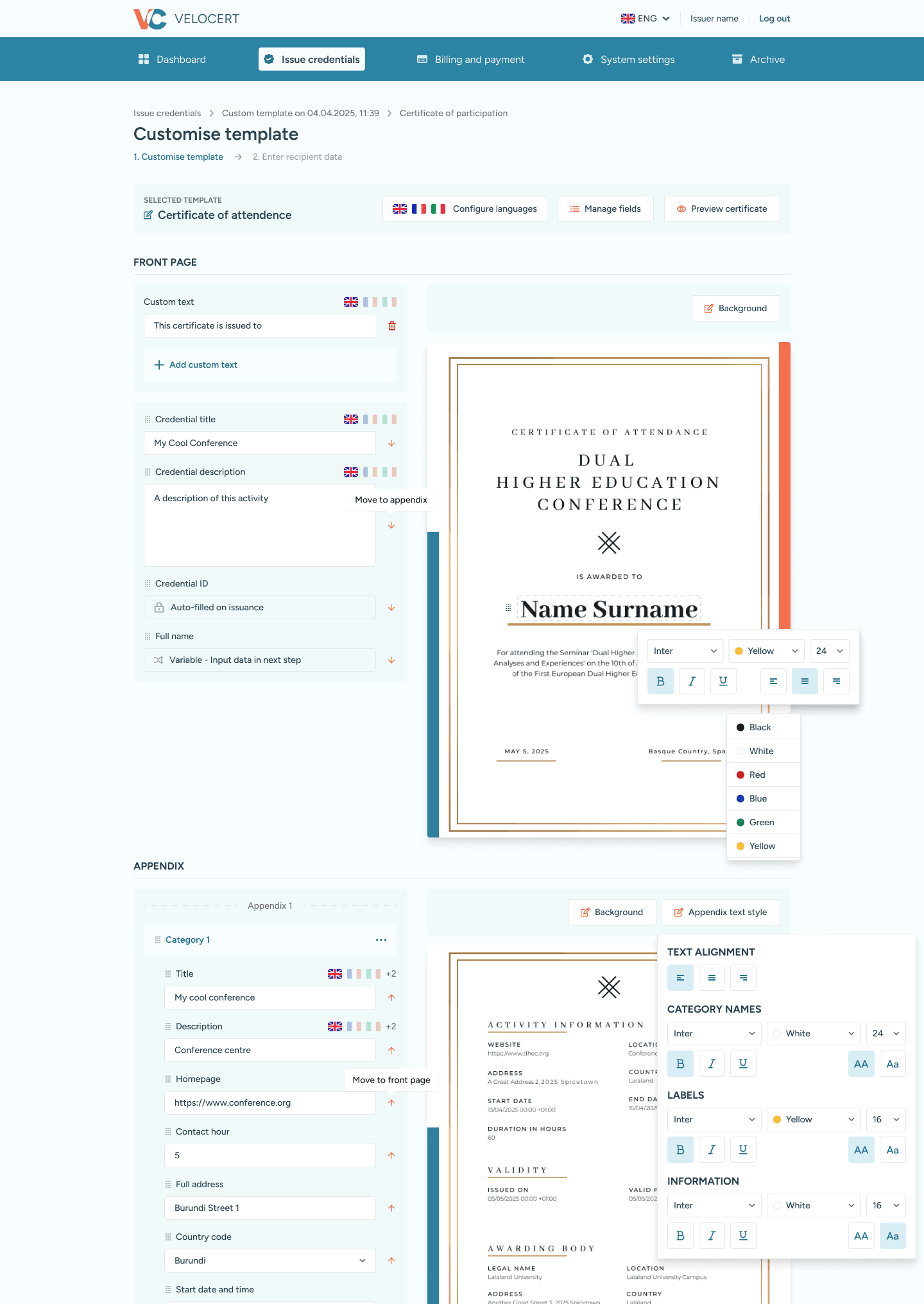 Velocert editing a credential