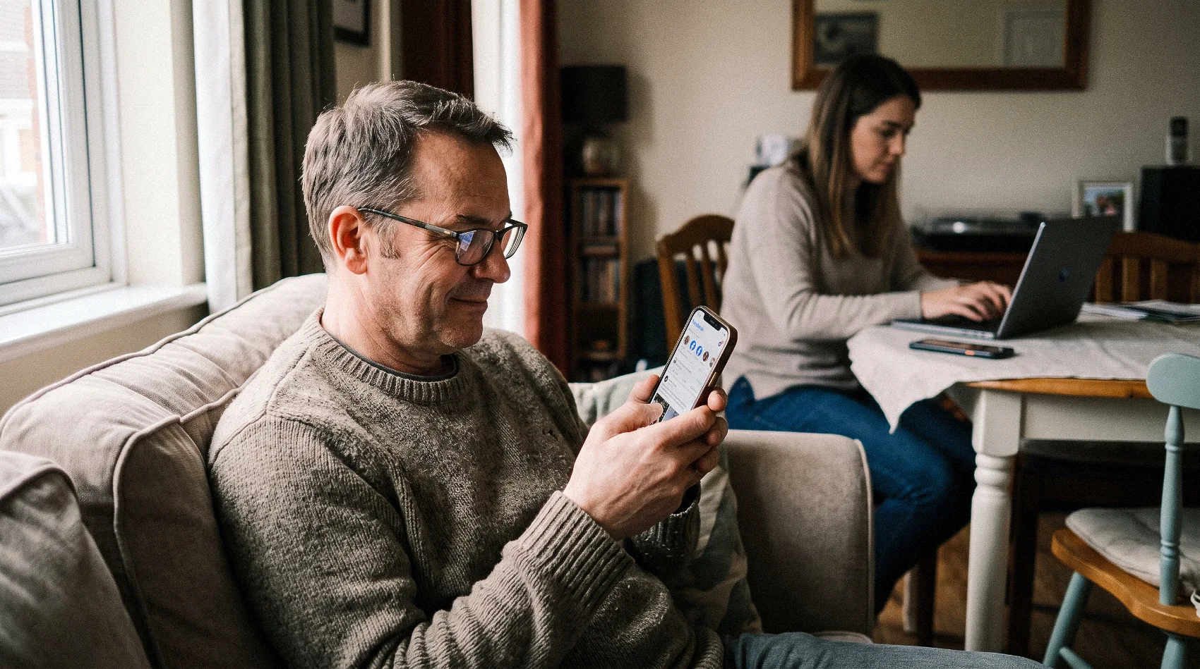 Generation X man smiling browsing Facebook on smartphone while sitting on sofa at home - social media usage