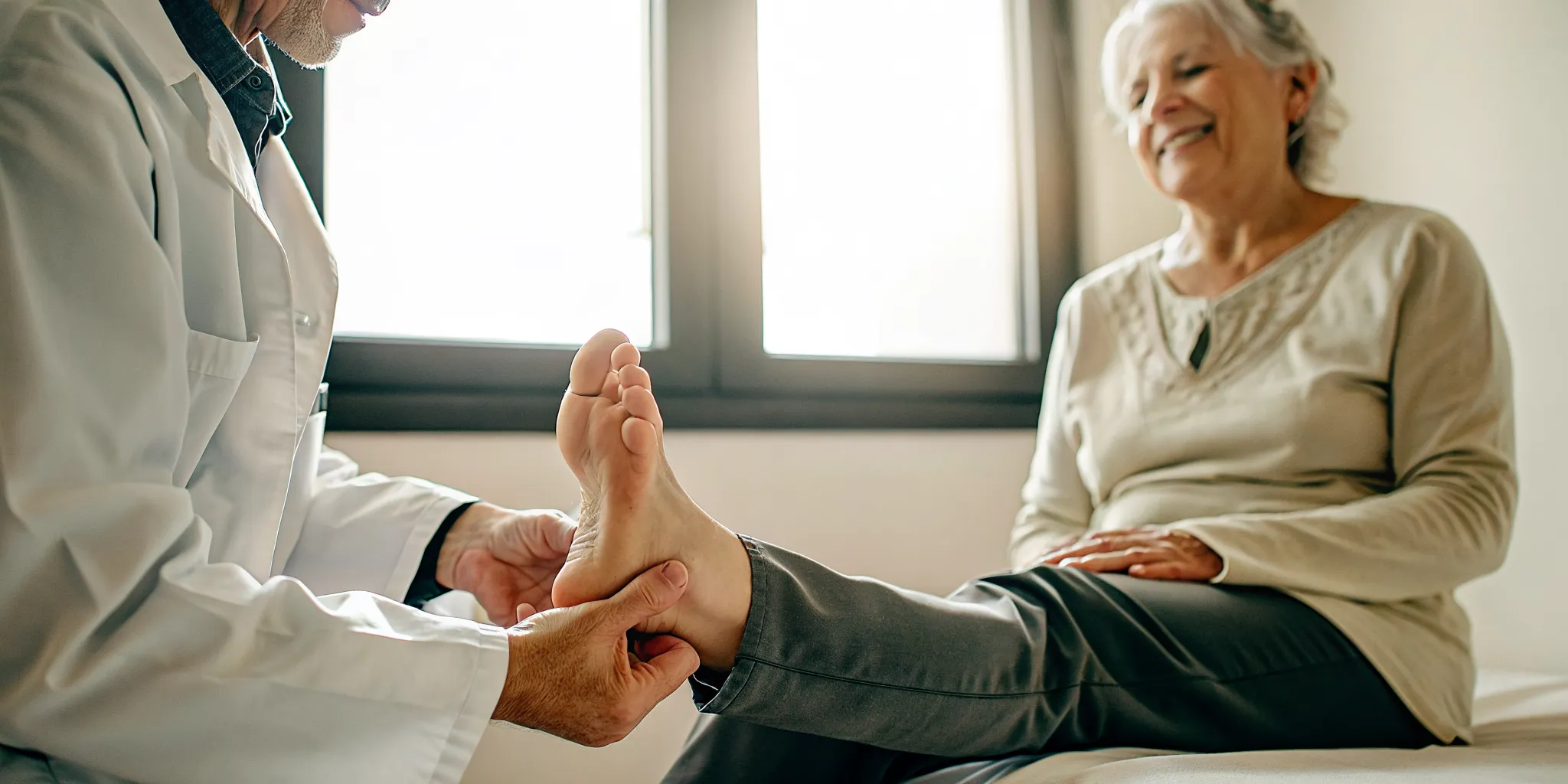 A podiatrist gently examining the foot of a smiling senior patient in a bright clinic