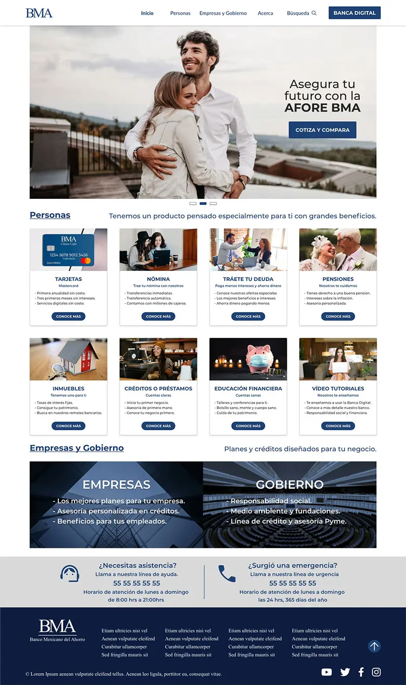 Maqueta de alta fidelidad del portal del Banco Mexicano del Ahorro para escritorio; diseñada para la segunda fase de pruebas de usabilidad con el fin de validar el diseño visual final, la accesibilidad y la eficacia de la navegación compleja.