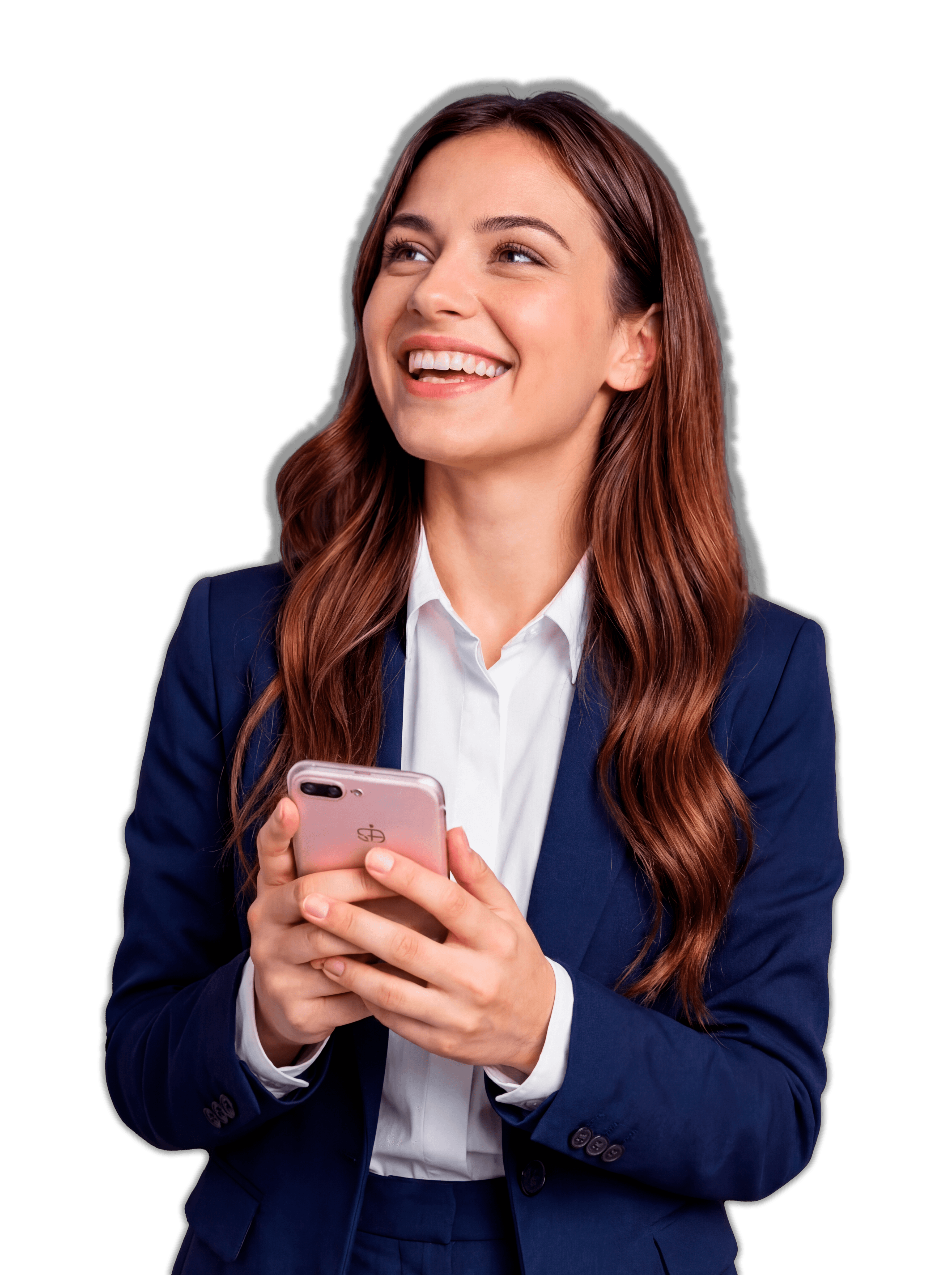 Happy woman in a green sweater holding a phone and looking up