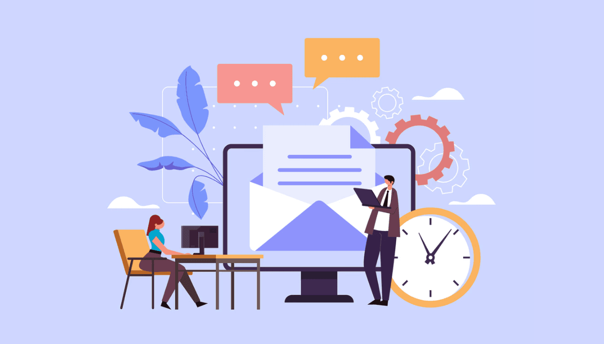 Illustration of professionals working around a large computer screen displaying an email.