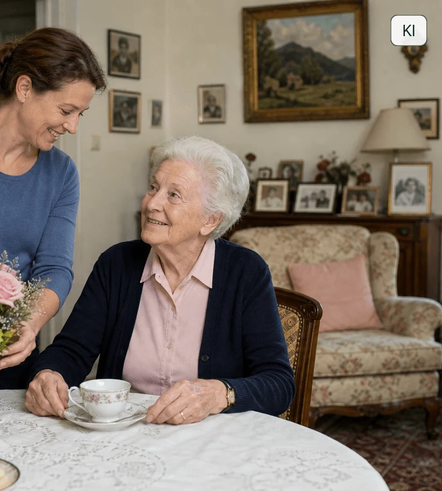Eine Seniorin und ihre Betreuungskraft gestalten den Alltag im persönlich eingerichteten Wohnzimmer.