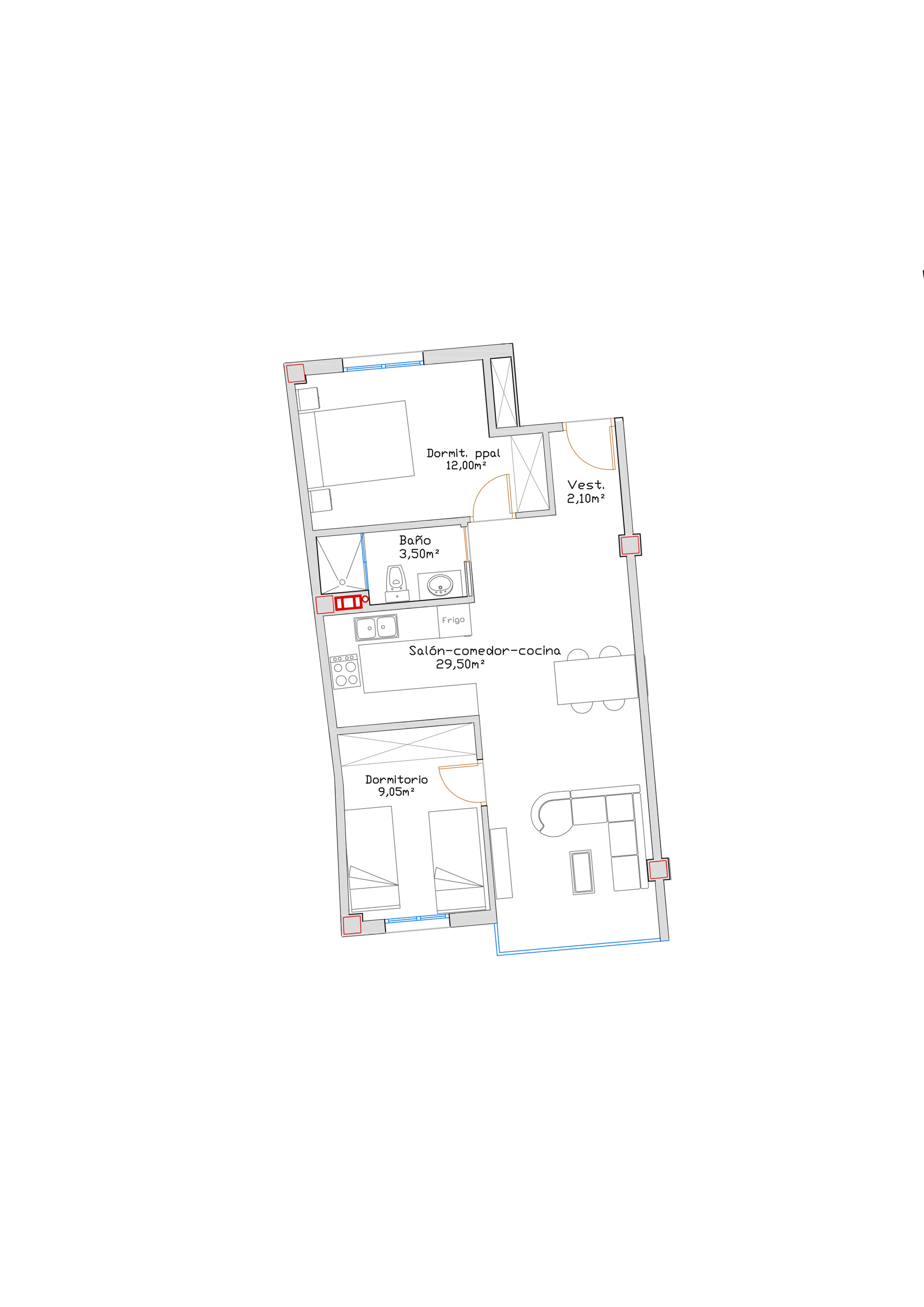 Interior render: Porcelanosa porcelain flooring and open-plan living in new-build apartment, Calle Rodríguez 7 Málaga