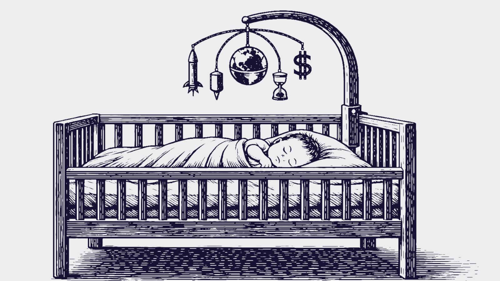 Ilustración de un bebé durmiendo en una cuna que tiene un móvil con adornos como un signo de dinero, un cohete y un reloj de arena en la carta al director Cuna de la deshonestidad de IdeaPaís.