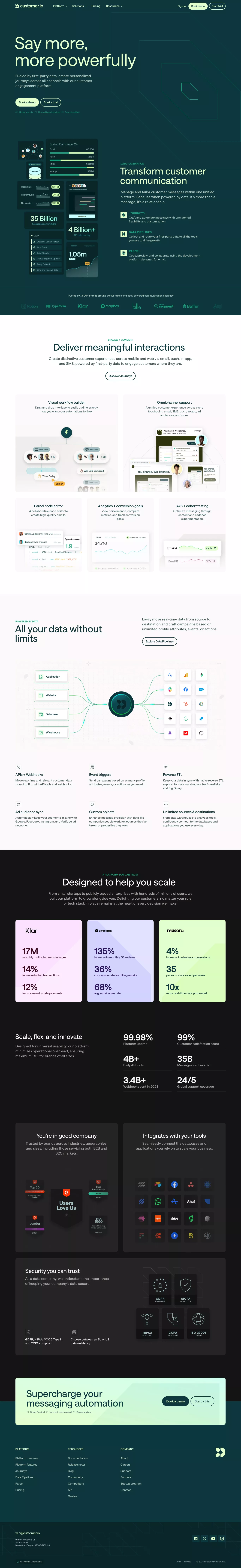 Customer.io Platform: Automation, Data, landing page screenshot showcasing Tech design