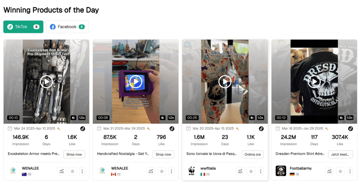 Winning Products of the Day dashboard with TikTok and Facebook product stats