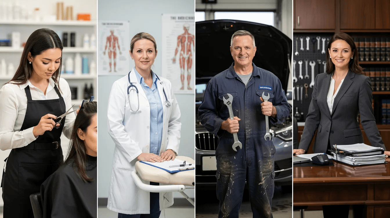Das Bild zeigt eine Collage im Split-Screen-Stil mit verschiedenen Fachleuten, darunter ein Friseur, ein Arzt, ein Mechaniker und ein Anwalt, die jeweils ihre Dienstleistungen repräsentieren. Diese Darstellung verdeutlicht die Vielfalt der Servicebranchen und könnte durch den Einsatz von KI Telefonassistenten, die rund um die Uhr erreichbar sind, ergänzt werden, um die Kundenbetreuung zu optimieren.