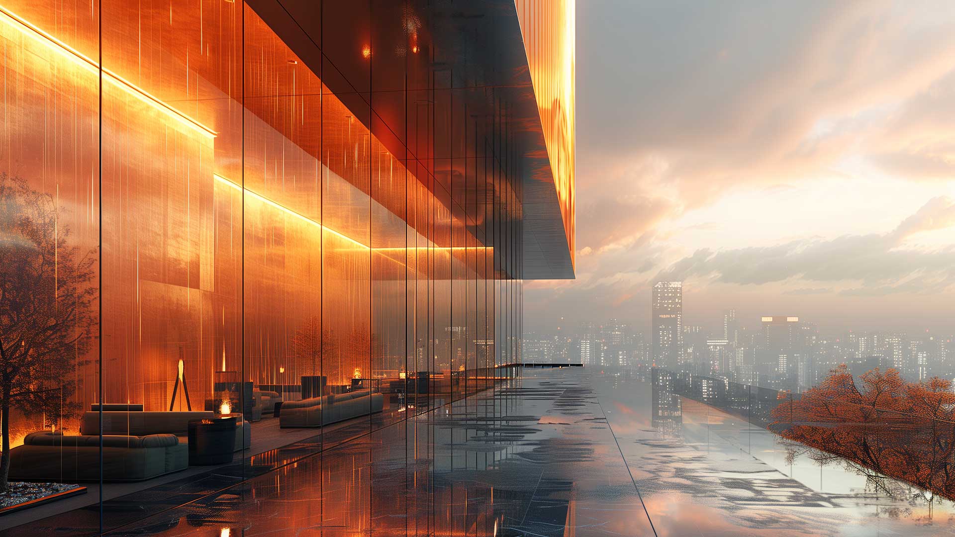 Modern glass building with illuminated facade and cityscape view at sunset