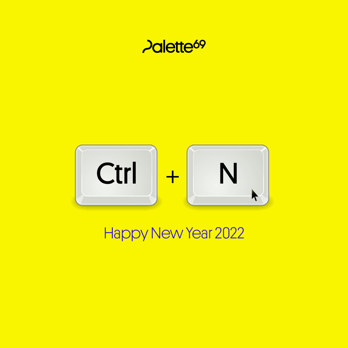 Illustration of keyboard shortcut "Ctrl + N" on a bright yellow background, labeled "Happy New Year 2023."