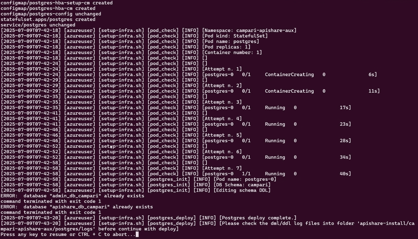 Terminal output of the auxiliary components installation script, with the Postgres pods starting