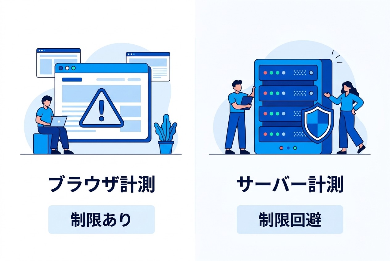 ピクセルトラッキングとコンバージョンAPIの計測精度比較。iOS14.5以降、ブラウザベースの計測は53%まで低下したが、サーバーサイド計測により86%の精度を維持できる。