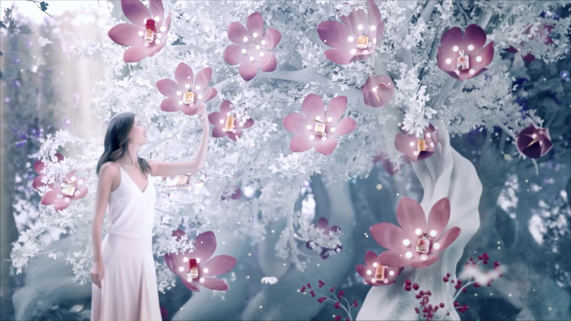 Woman picking beauty products from tree blossoms in a fantastical white porcelain forest