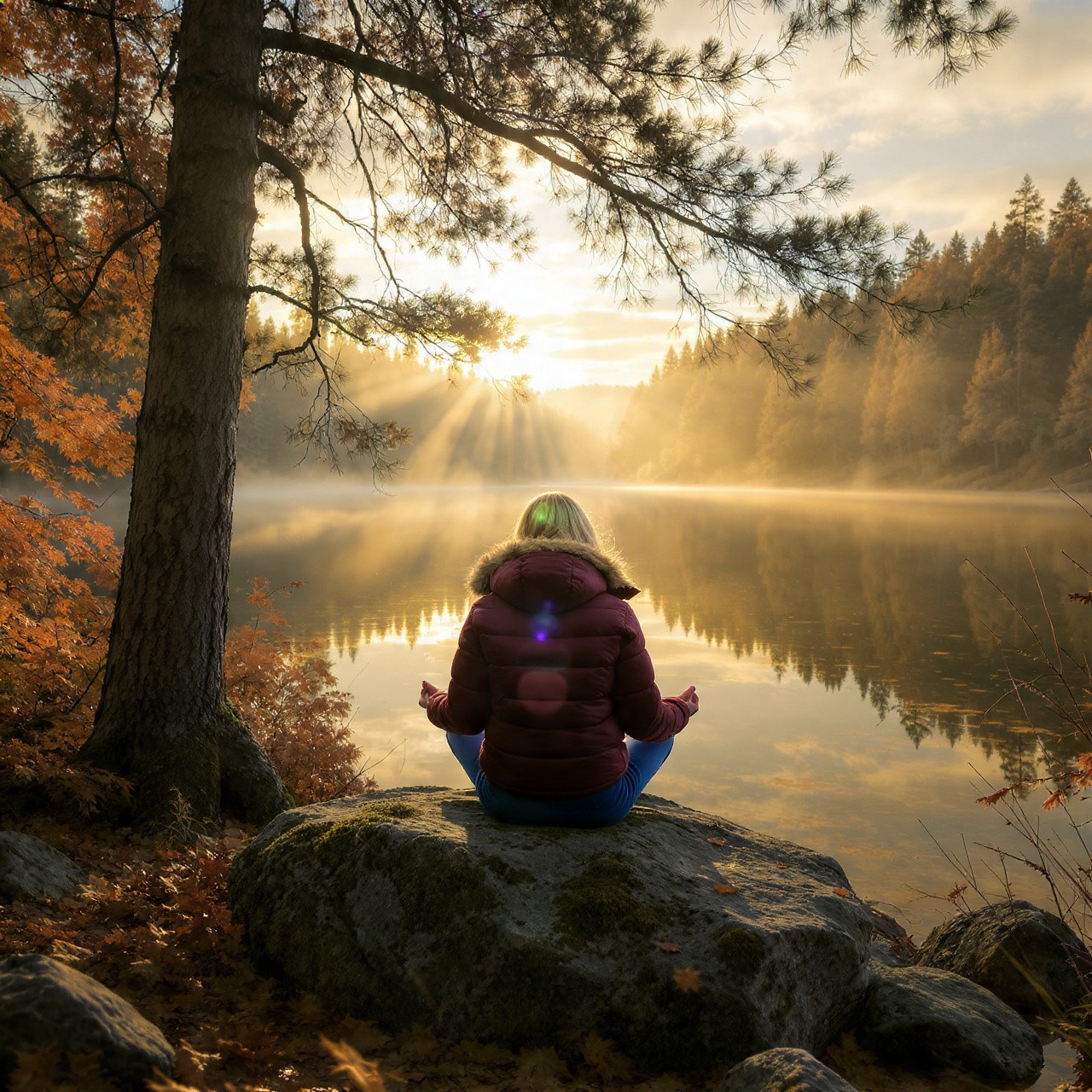 Sunbeams shining on woman meditating by lake in autumn forest.