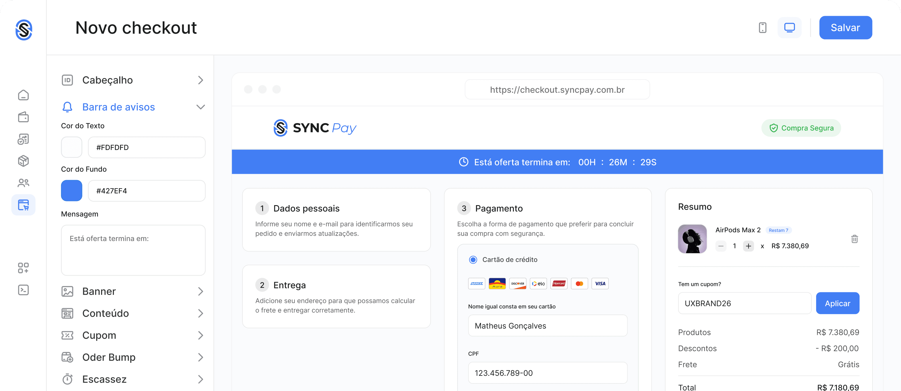 Editor de checkout SyncPay com configurações de identidade visual, barra de urgência e resumo do pedido