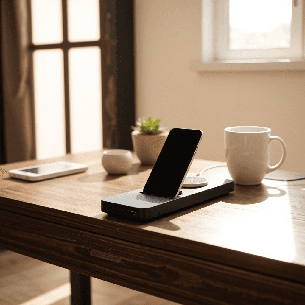 product photography of wireless charging dock with phone
