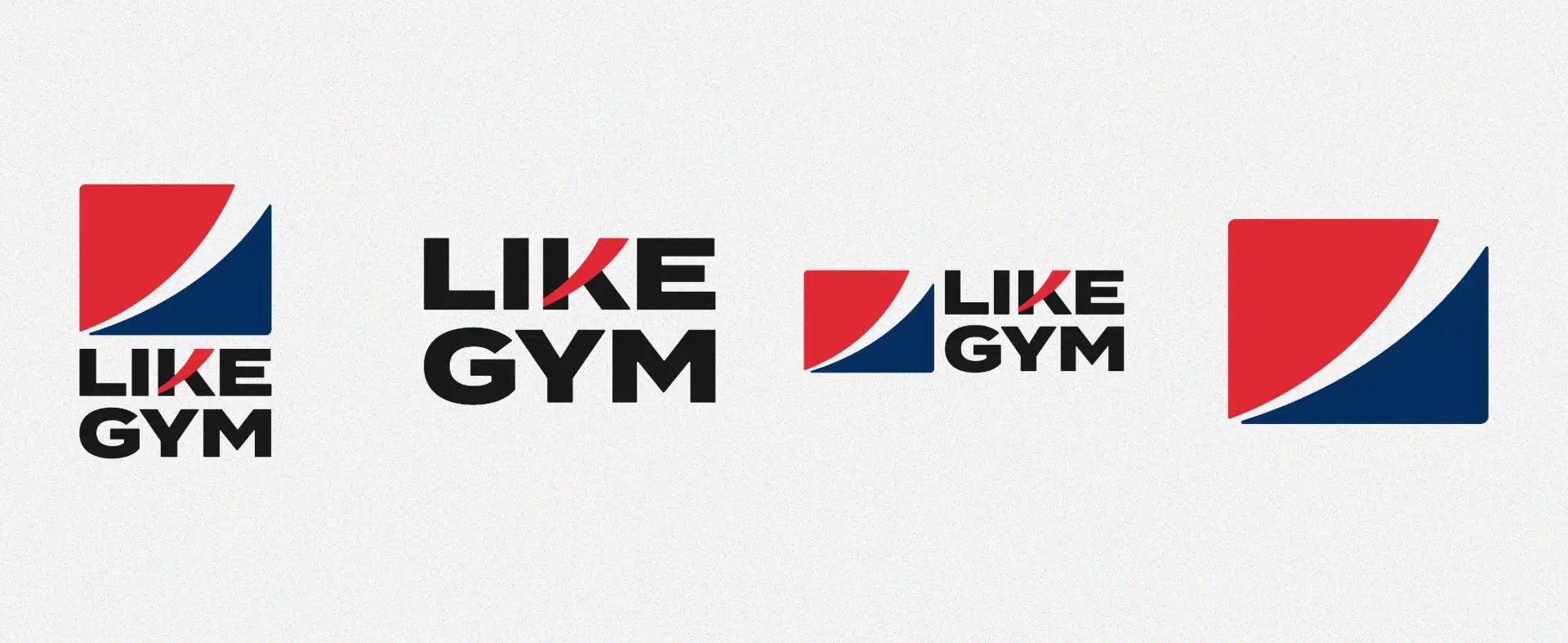 Like Gym original logo lockups in red, blue, and black