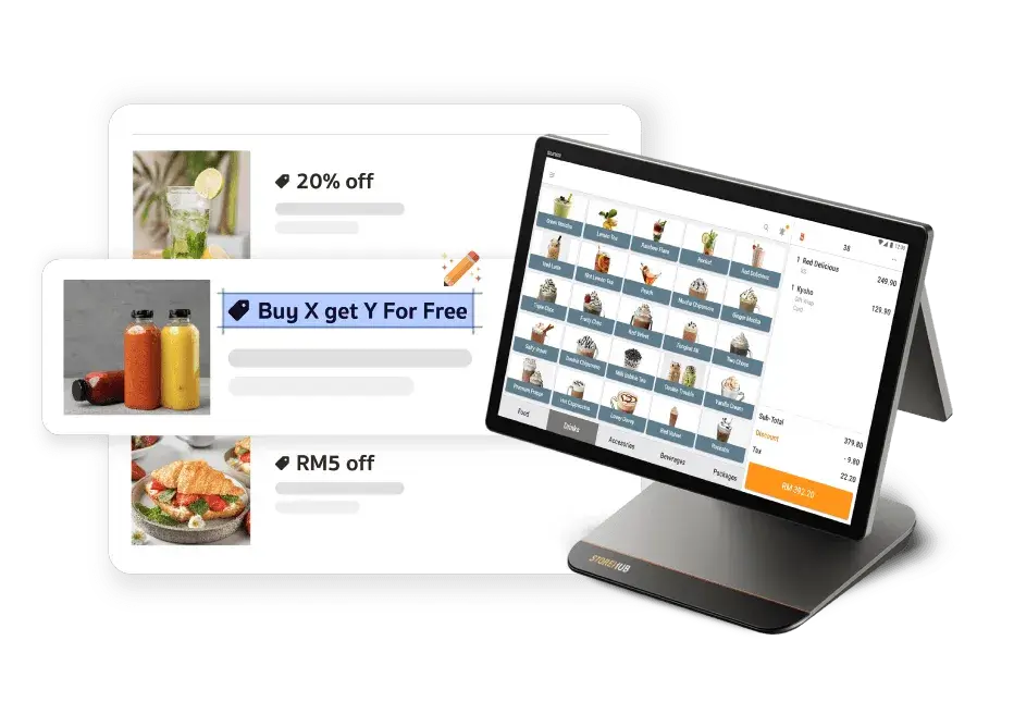 StoreHub POS system displaying promotional discount campaigns including Buy X Get Y and percentage-based offers.