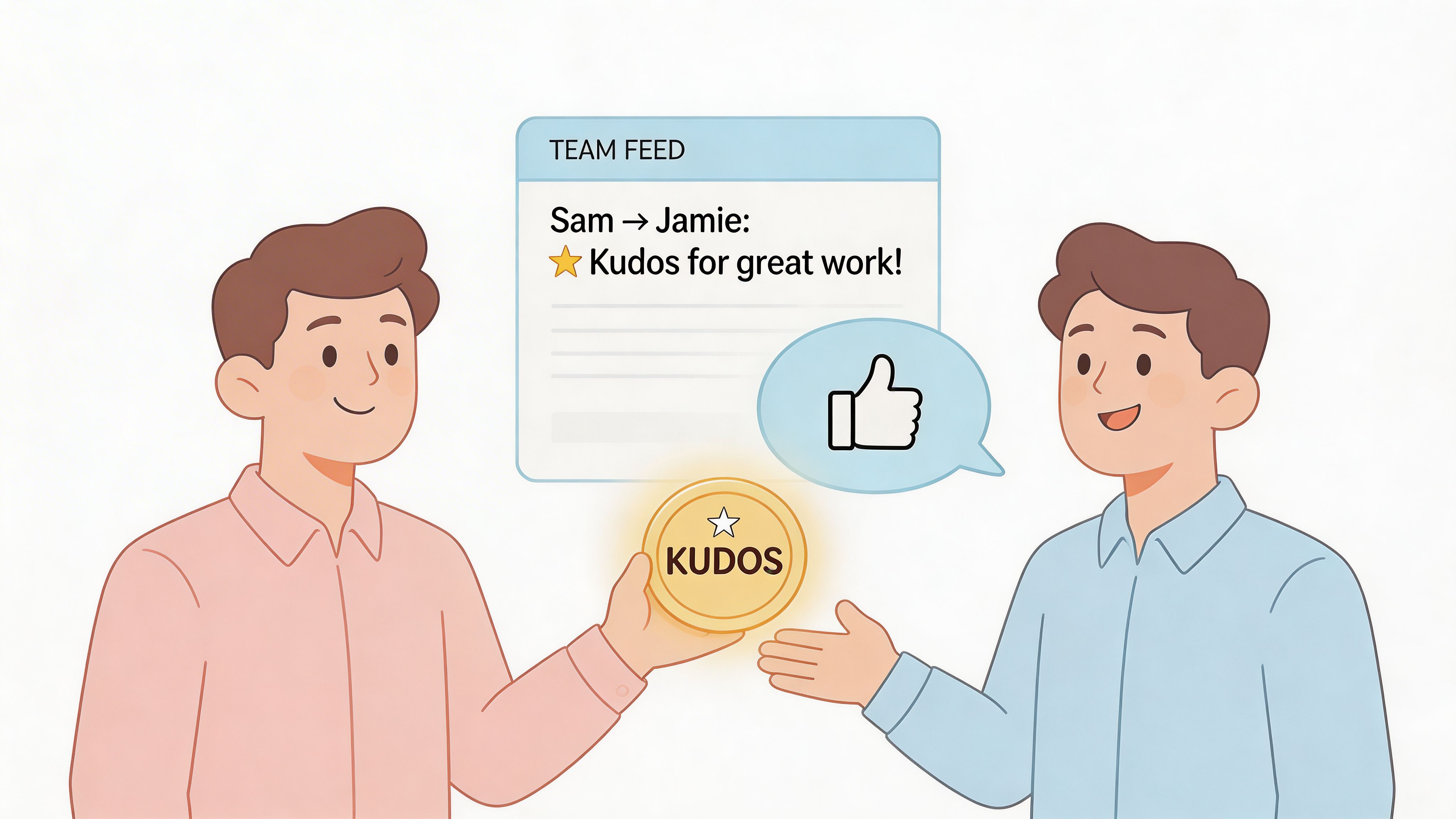 A man in a pink shirt hands a glowing kudos coin to another man in a blue shirt.