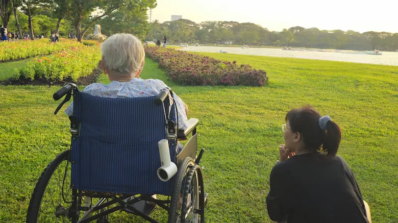 A caregiver sitting beside an older adult in a wheelchair, both looking out over a peaceful garden together in warm evening light.