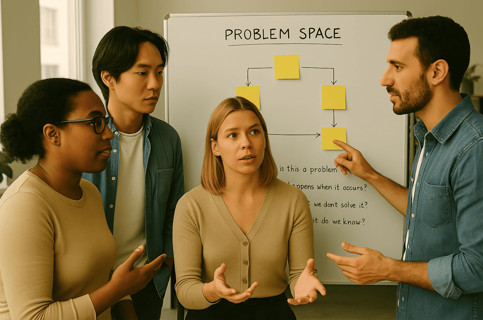 Team standing in front of a white board discussing the problem space