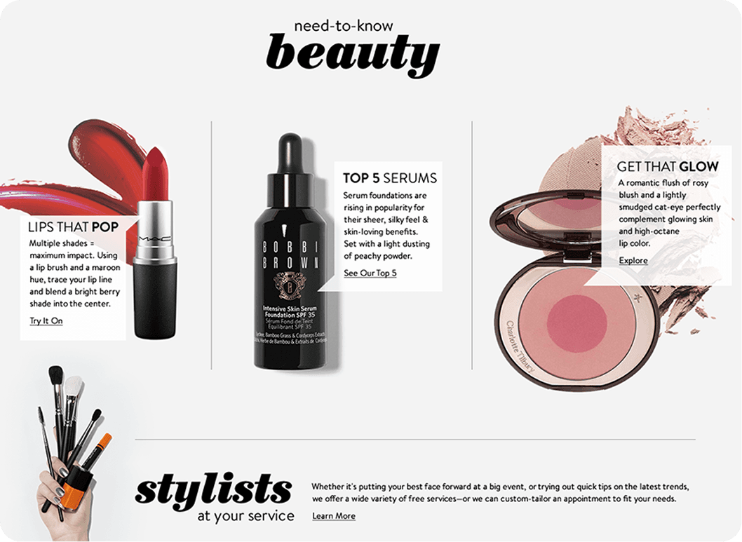 Nordstrom beauty products including MAC lipstick, Bobbi Brown serum, Charlotte Tilbury blush, and makeup brushes