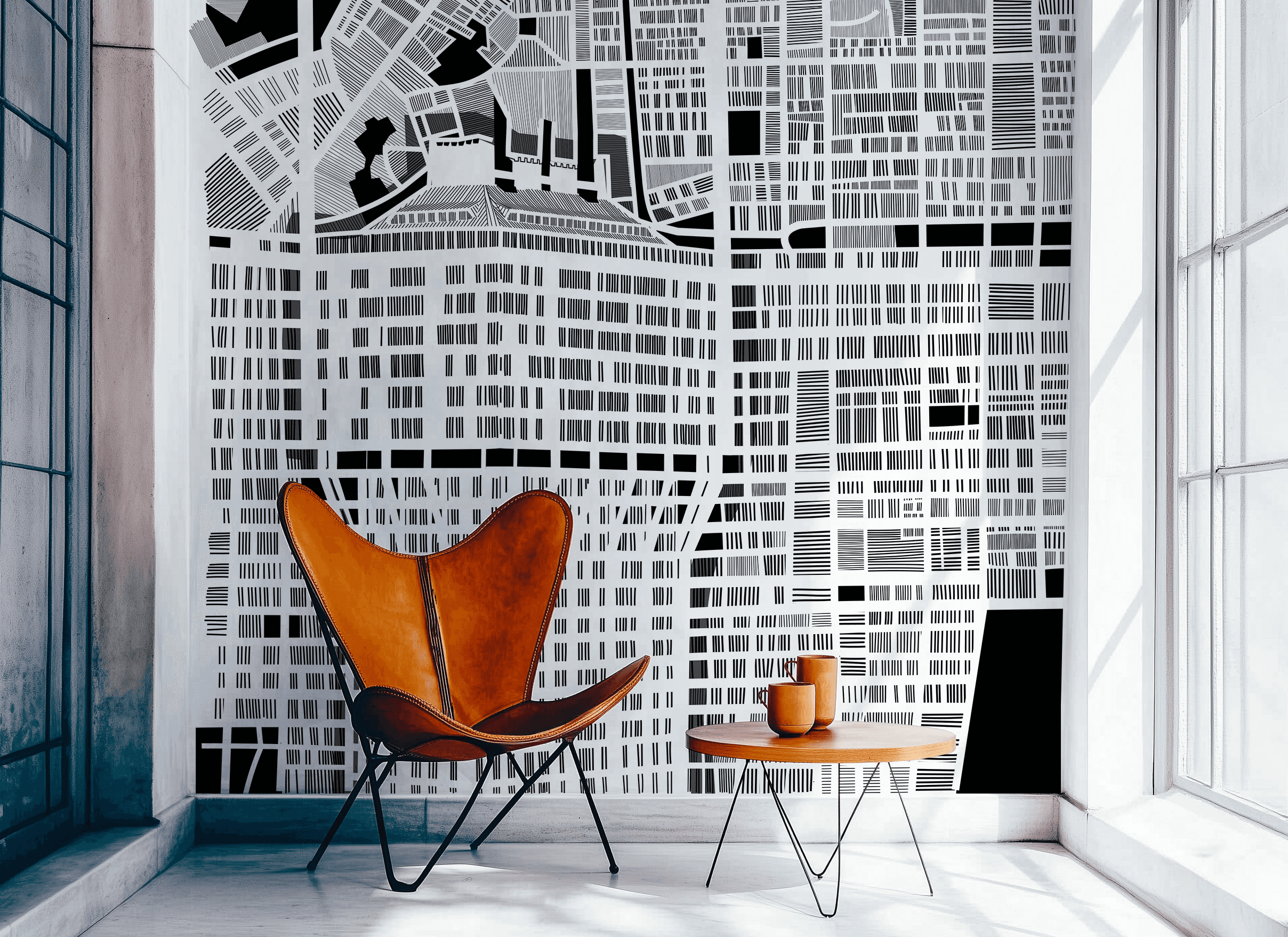 Abstract city maps exploring urban structures through illustration and geometry printed on wall paper