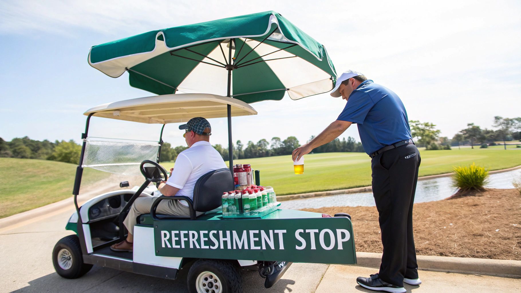 A refreshment stop golf cart with an attendant offering a drink to a golfer on a sunny course.