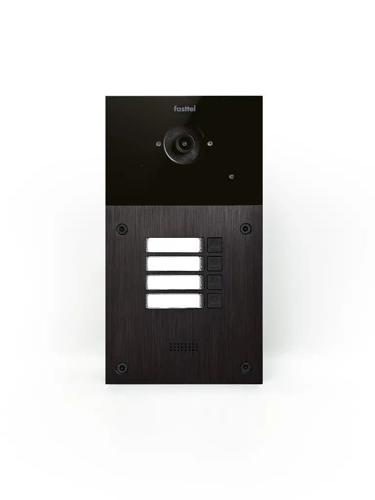 Black smart home device with screen showing time and temp