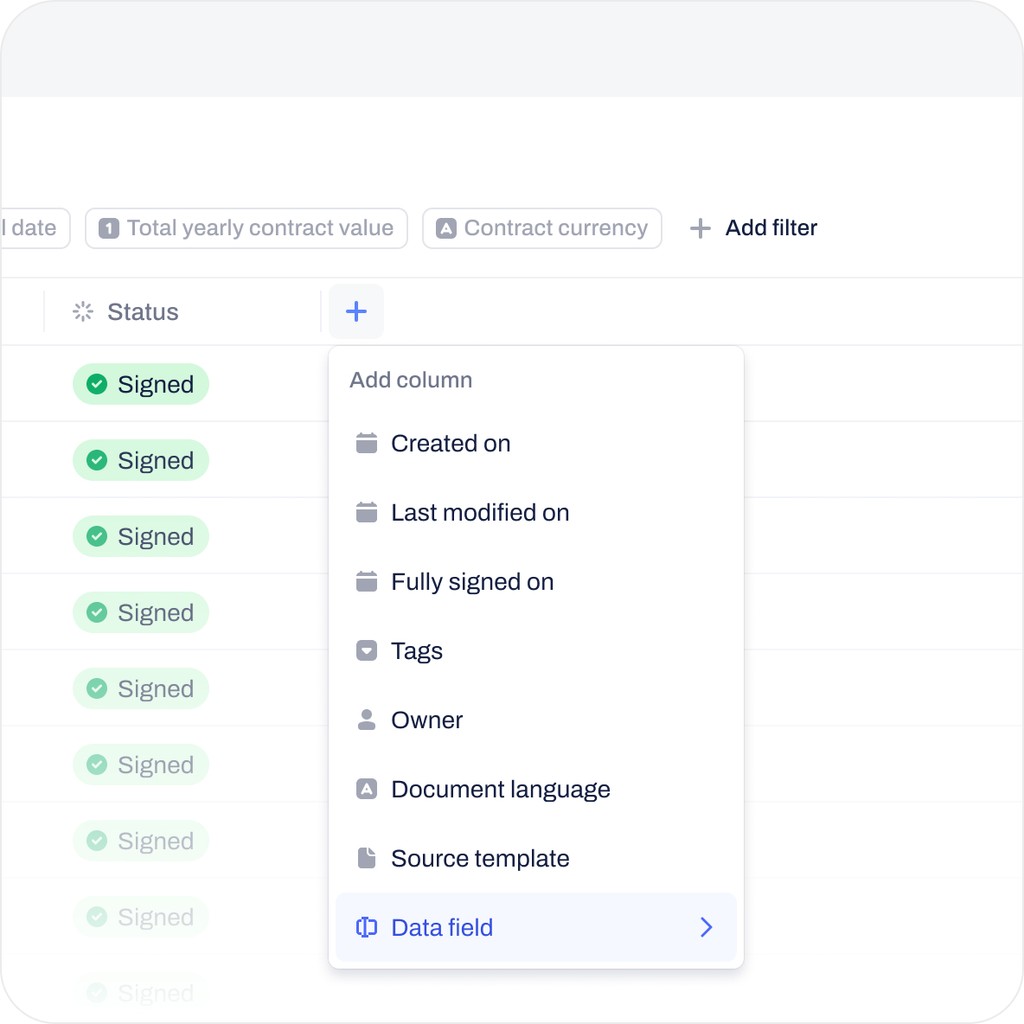 Column menu with options to add fields like created on, tags, and owner.