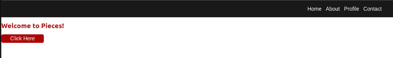 black and white styled CSS navbar with a red title 'welcome to pieces' and a red 'click here' button shown below