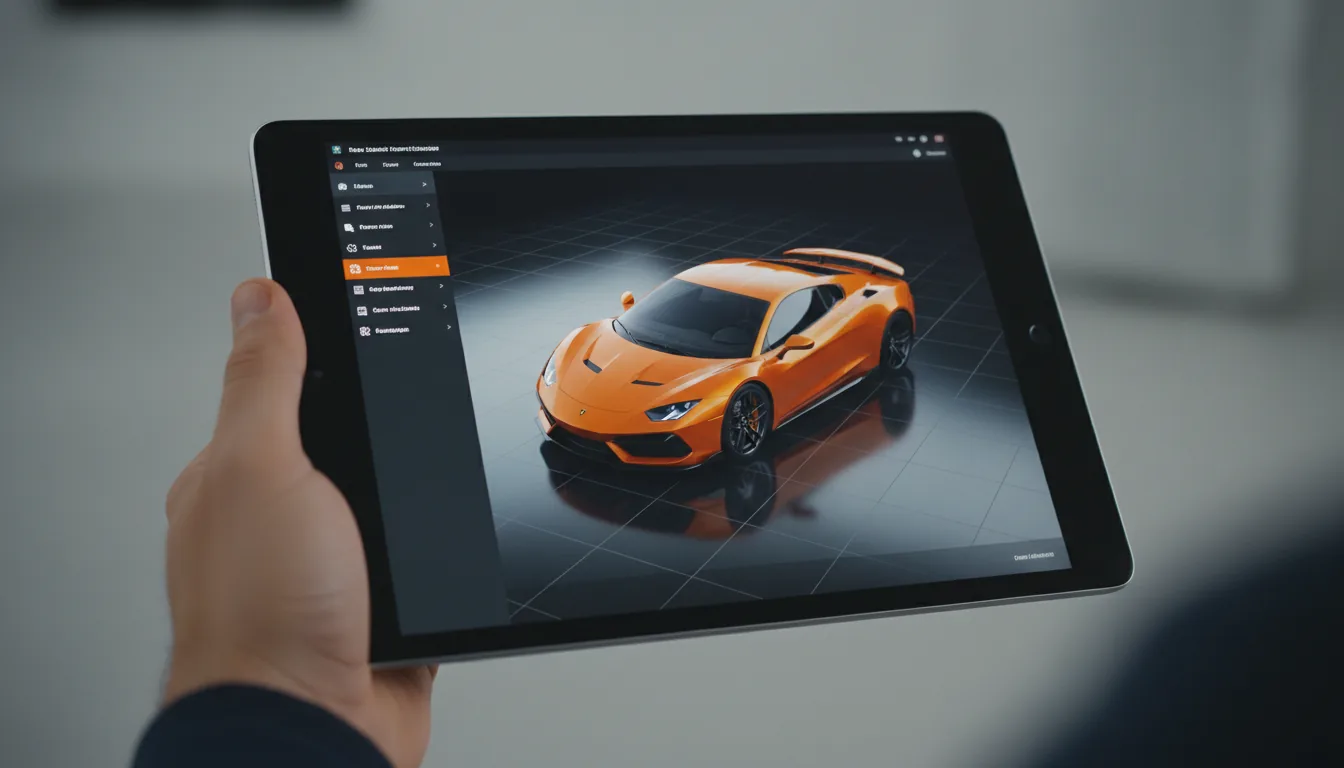 DSLR close-up photograph of a hand holding a modern black tablet, under soft studio lighting. The screen is in sharp focus, displaying a high-performance 3D car configurator application running in a remote desktop interface. The UI features a dark mode left sidebar with abstracted menu items, one highlighted in bright orange. The main panel shows a photorealistic render of a vibrant orange supercar on a dark, tiled showroom floor, captured from a high-angle three-quarter view. The shot has a shallow depth of field, blurring the background.