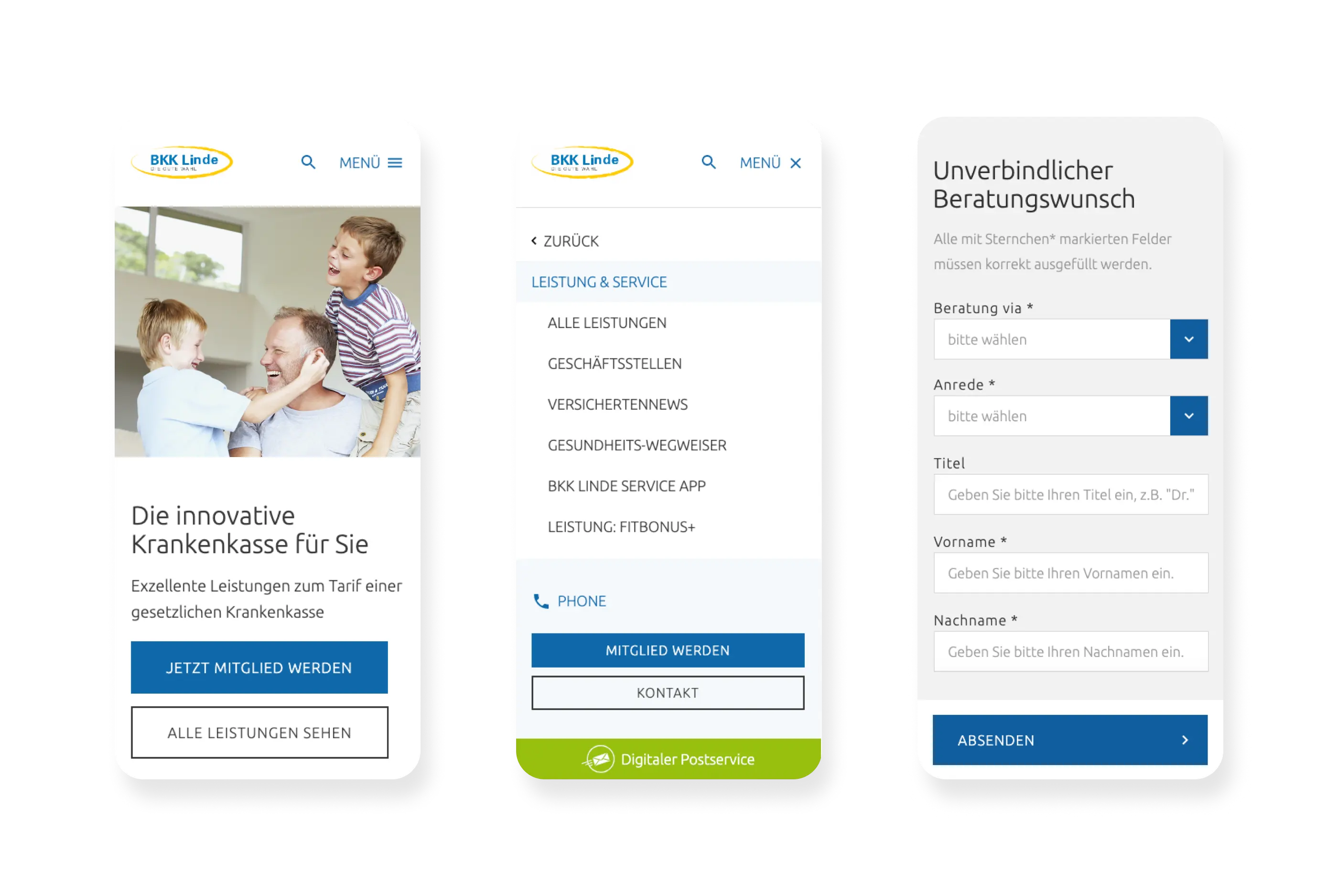 Drei beispielhafte Ansichten der mobilen Ansicht der Webseite