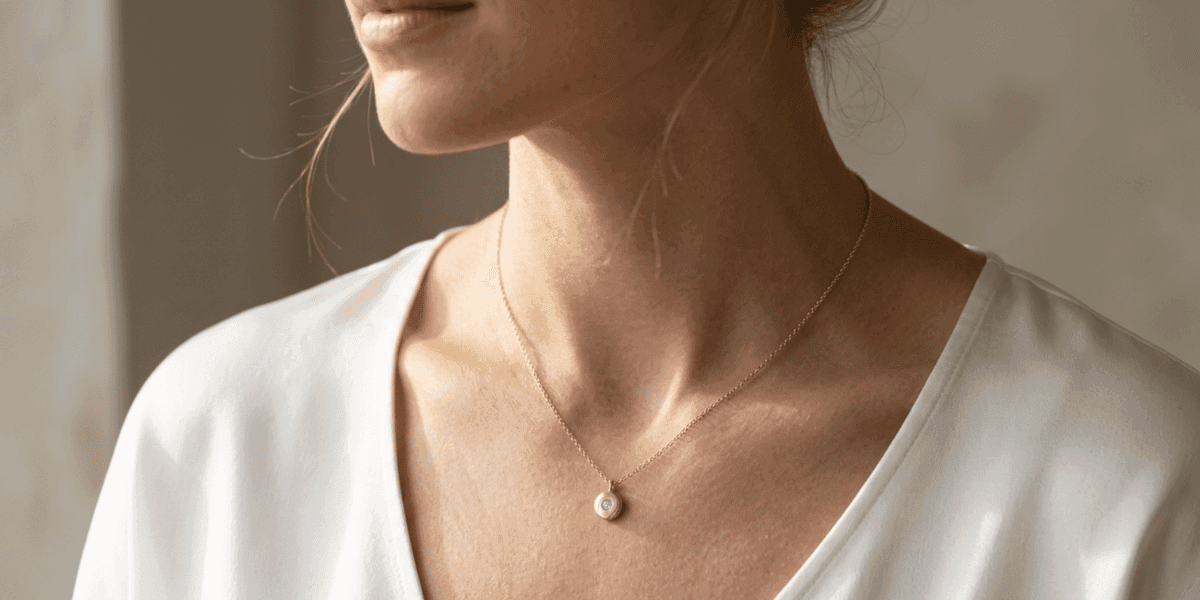 Woman wearing a minimalist pendant necklace