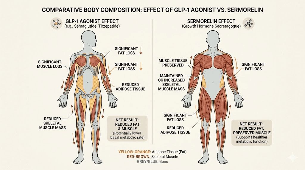 Body composition comparison sermorelin vs GLP-1 muscle preservation versus muscle loss
