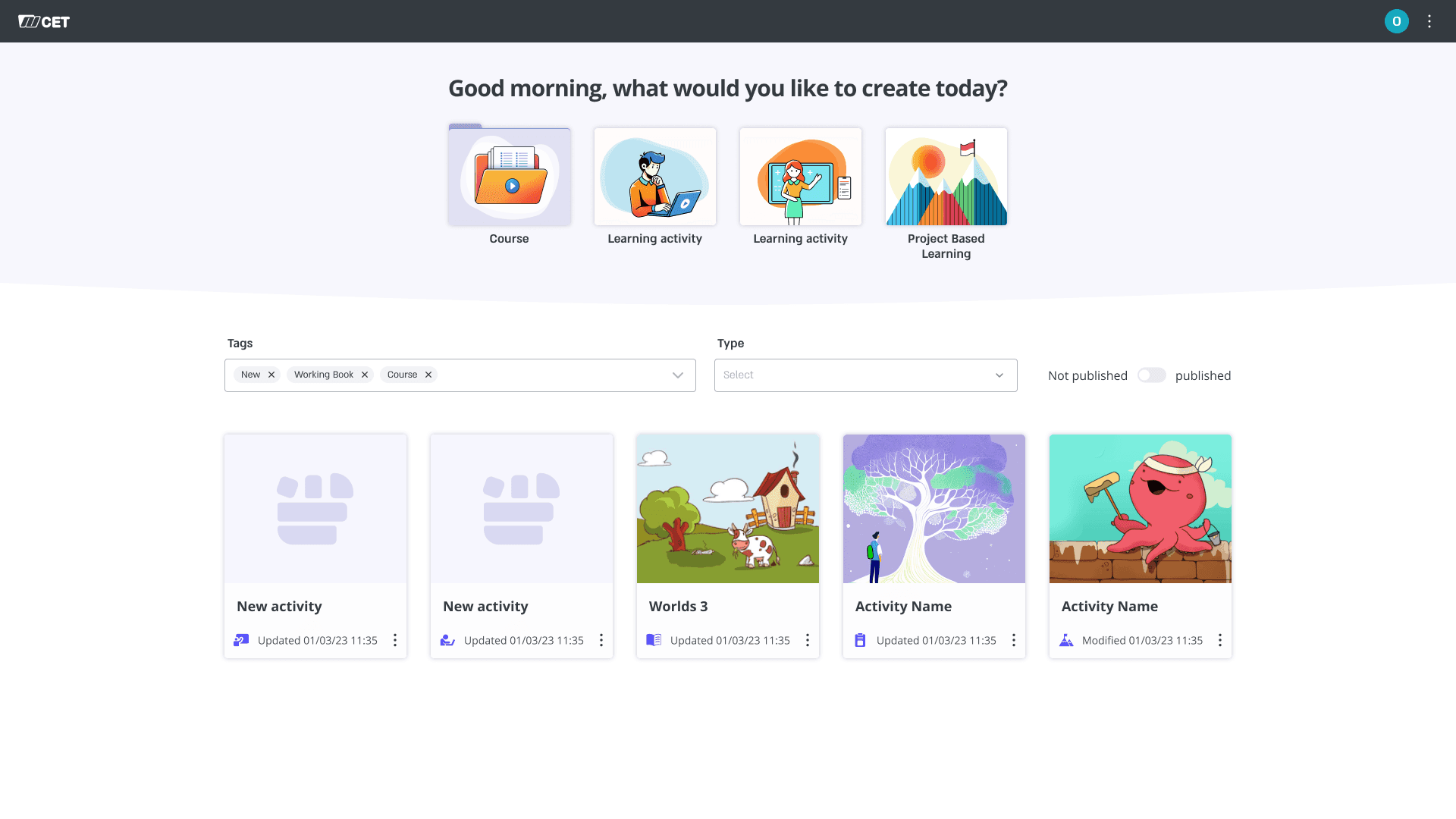 Studio home screen presenting creation entry points for courses and learning activities, with filters and a content grid displaying existing items.