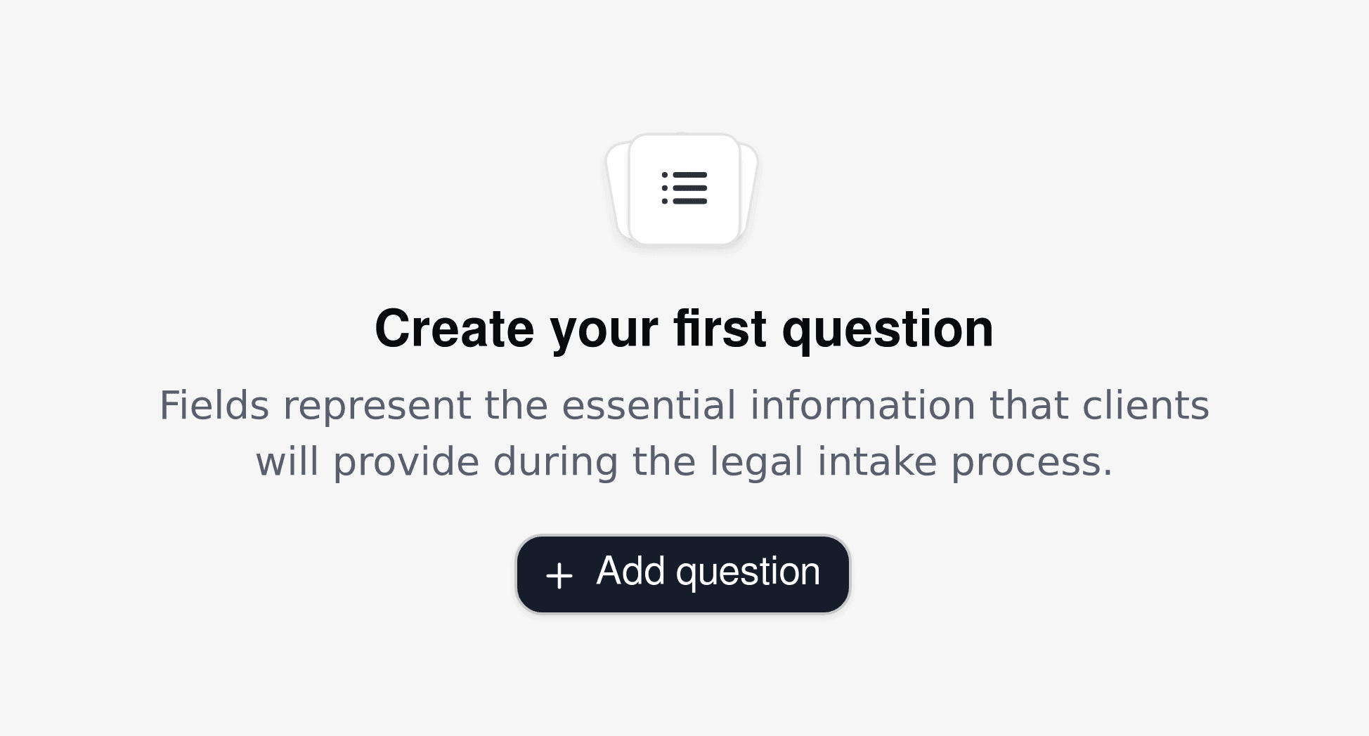 Legal intake form creation interface tailored to corporate law client inquiries.