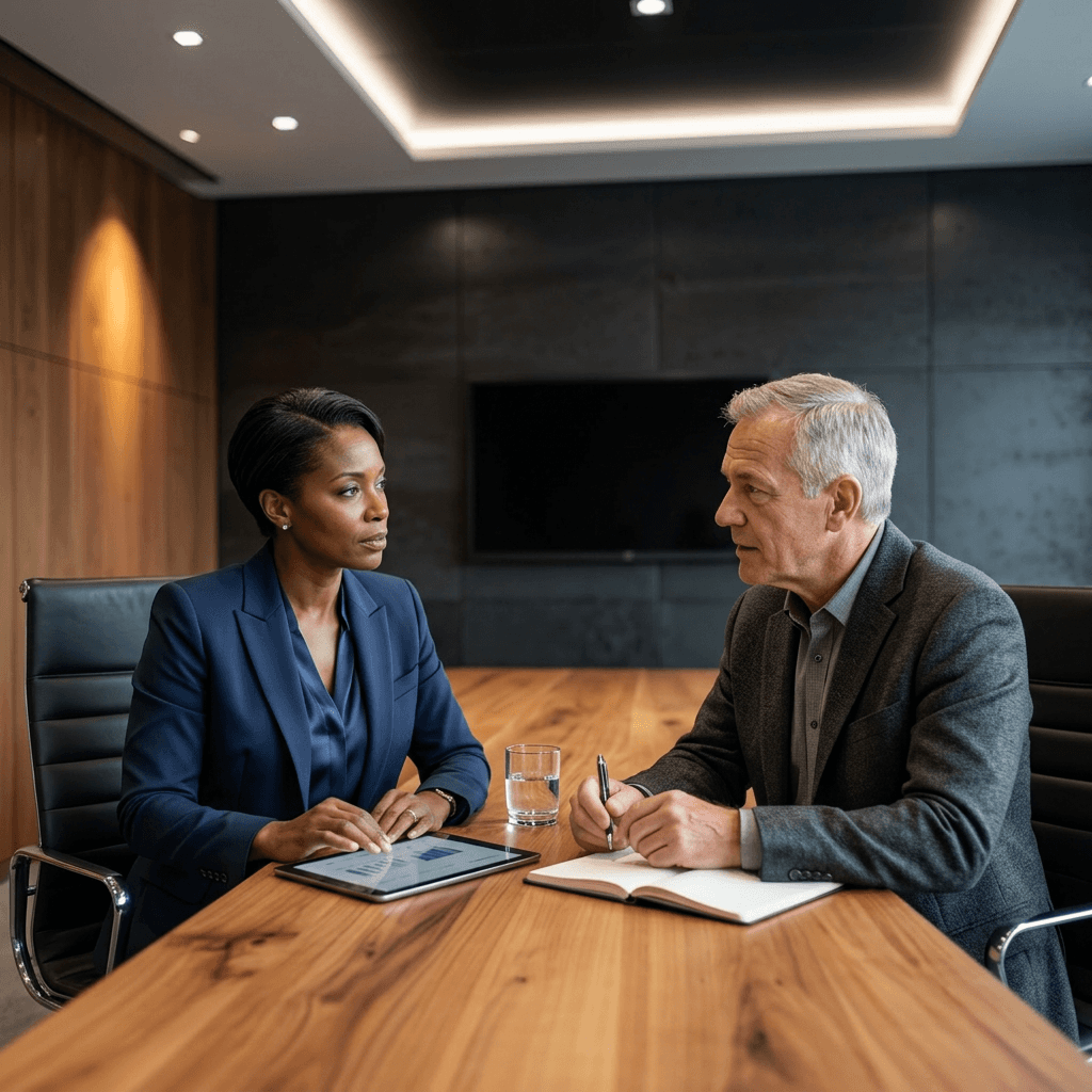 A Chief Strategy Officer and a leadership coach having a meeting