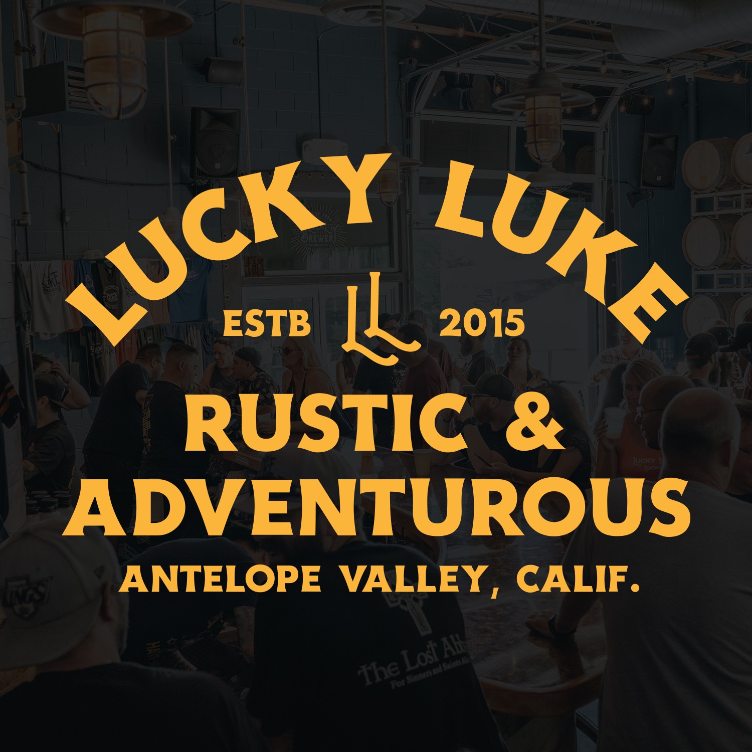 Lucky Luke Brewing rustic typography logo on wooden background