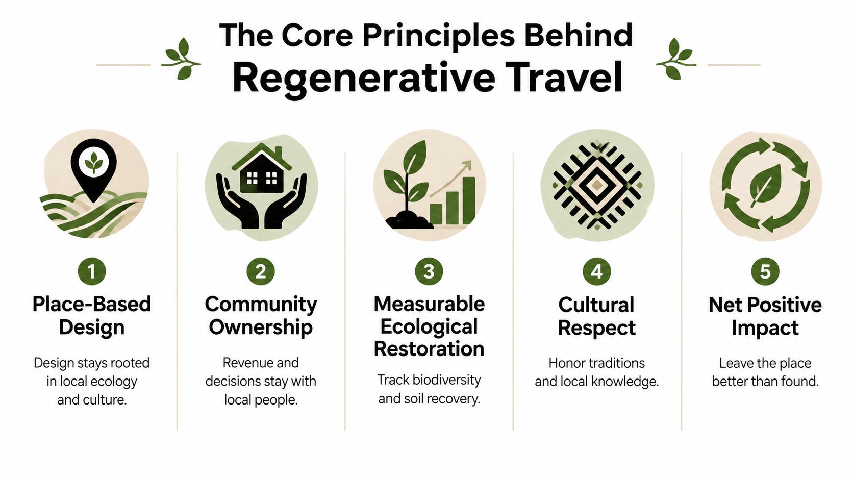 An infographic titled The Core Principles Behind Regenerative Travel showing five numbered icons and descriptions.