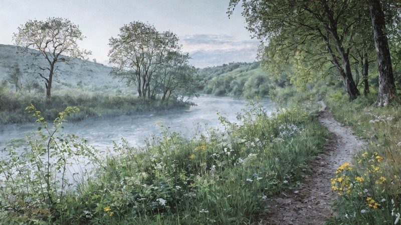 Sacred artwork by Faith and Verse. © Faith and Verse, 2025. All rights reserved. River landscape with morning mist, path along the riverbank, and distant hills.