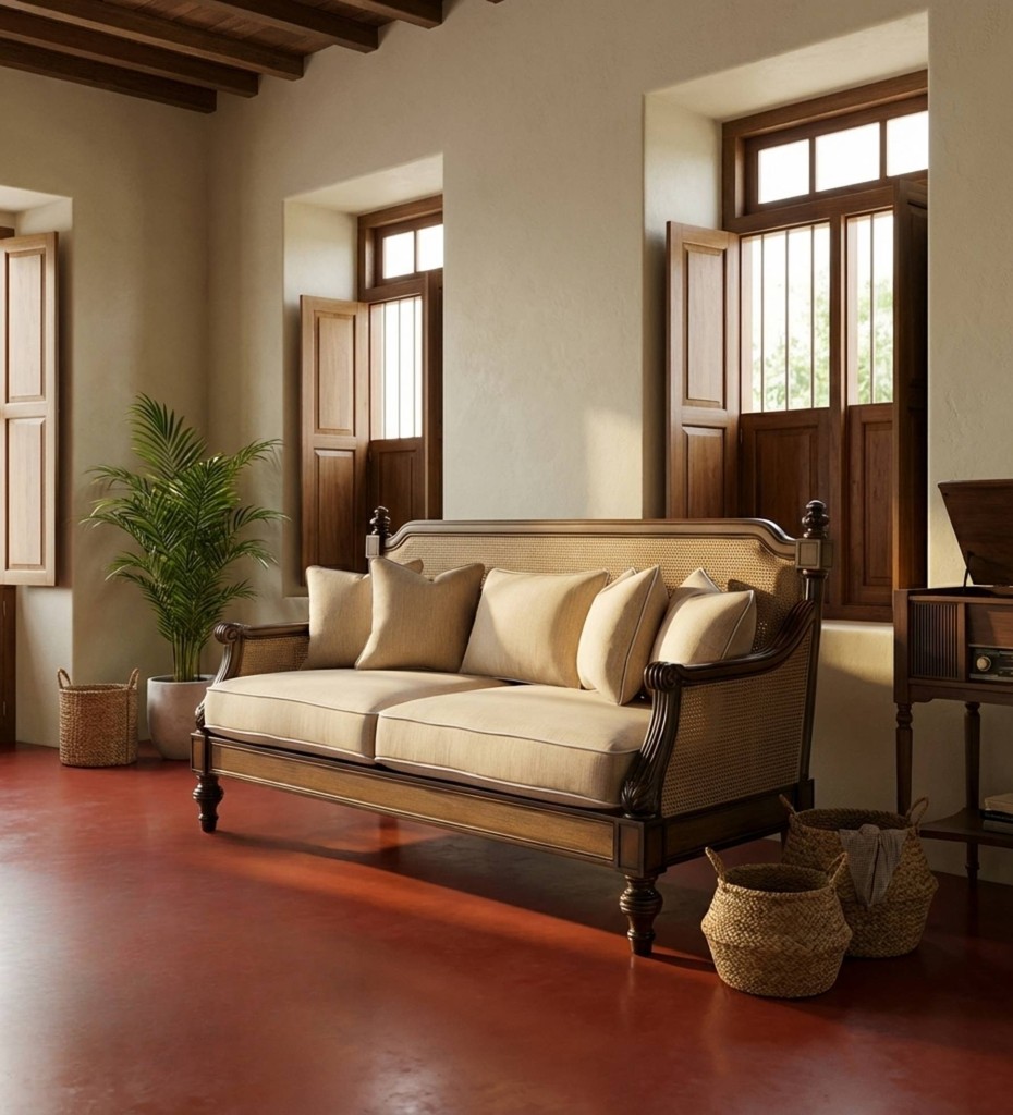 Luxury contemporary cane sofa with teal upholstery and wooden frame