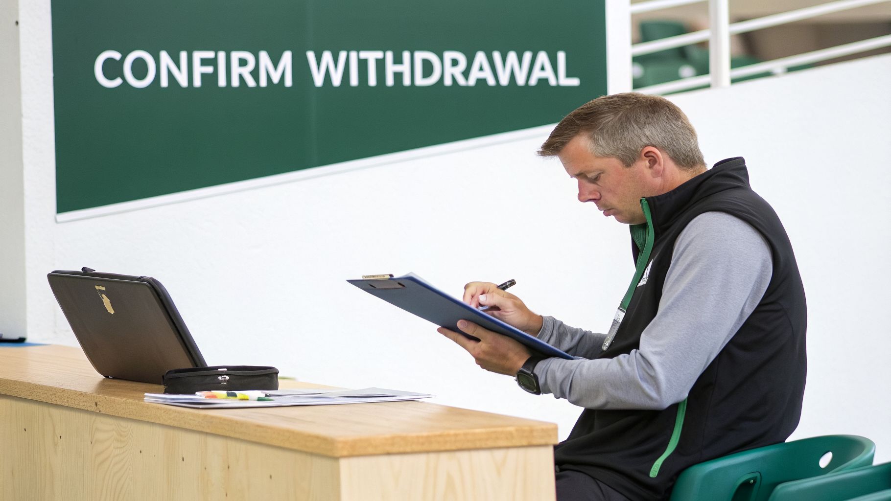 A man in a black vest writes on a clipboard next to a sign saying 'CONFIRM WITHDRAWAL'.