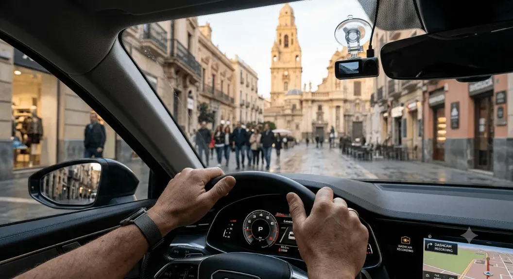 Conductor en el centro de Murcia con dashcam instalada para prevenir fraudes de tráfico.