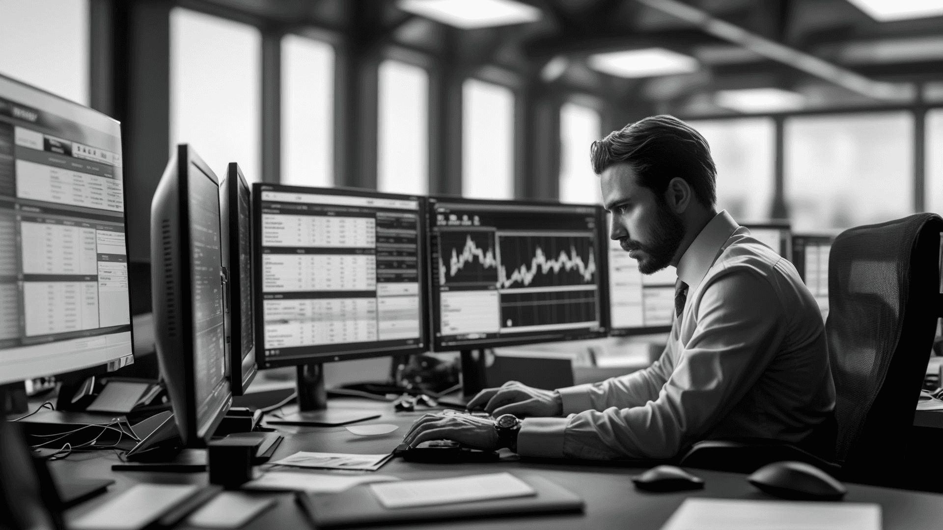 Professional freight broker working at modern office desk with multiple monitors displaying transportation management system dashboards in black and white photography
