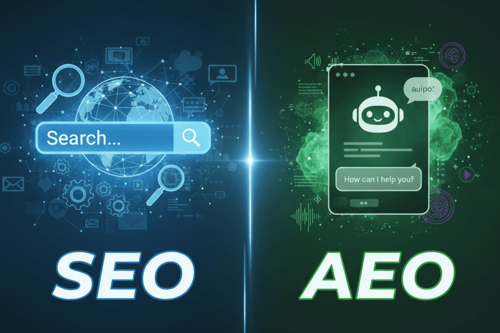Visual comparison of SEO vs AEO showing search engine results and AI chatbot, highlighting differences in AI-driven marketing and search optimization
