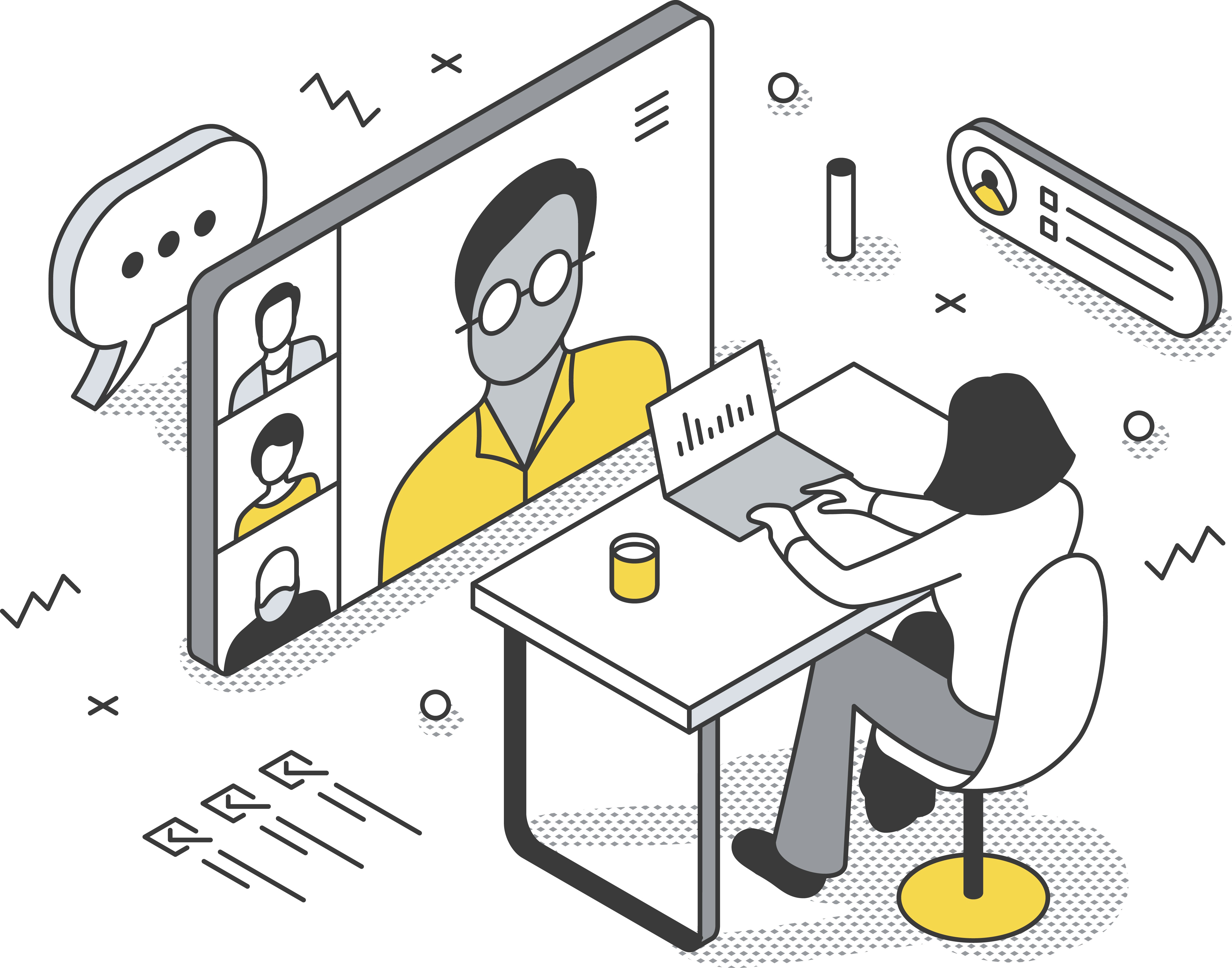 Creative team of five sitting together in a bright, plant-filled office, gathered around a wooden coffee table.